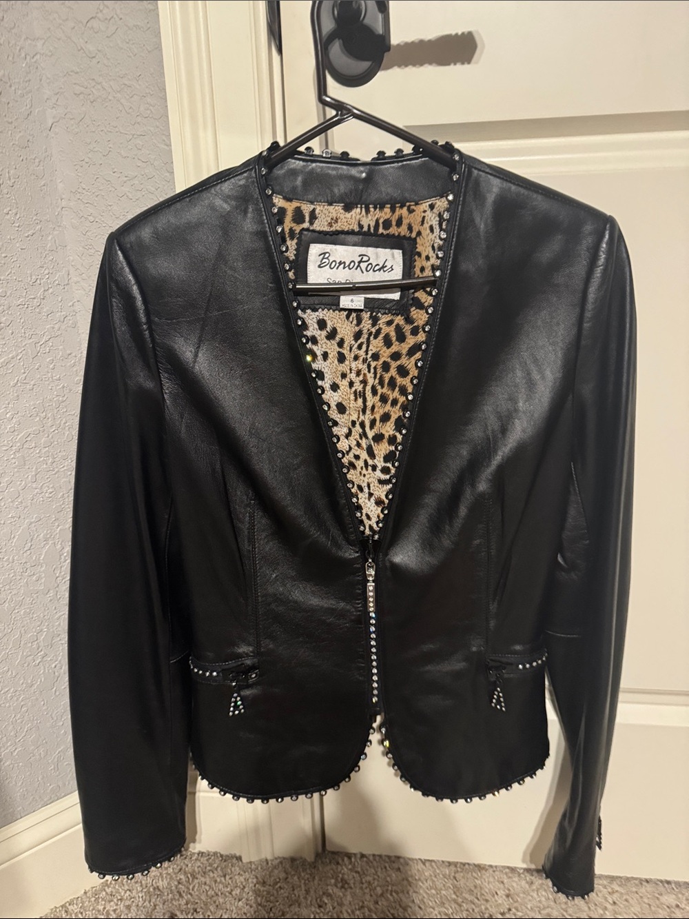 Black Leather Studded Jacket with Leopard Trim